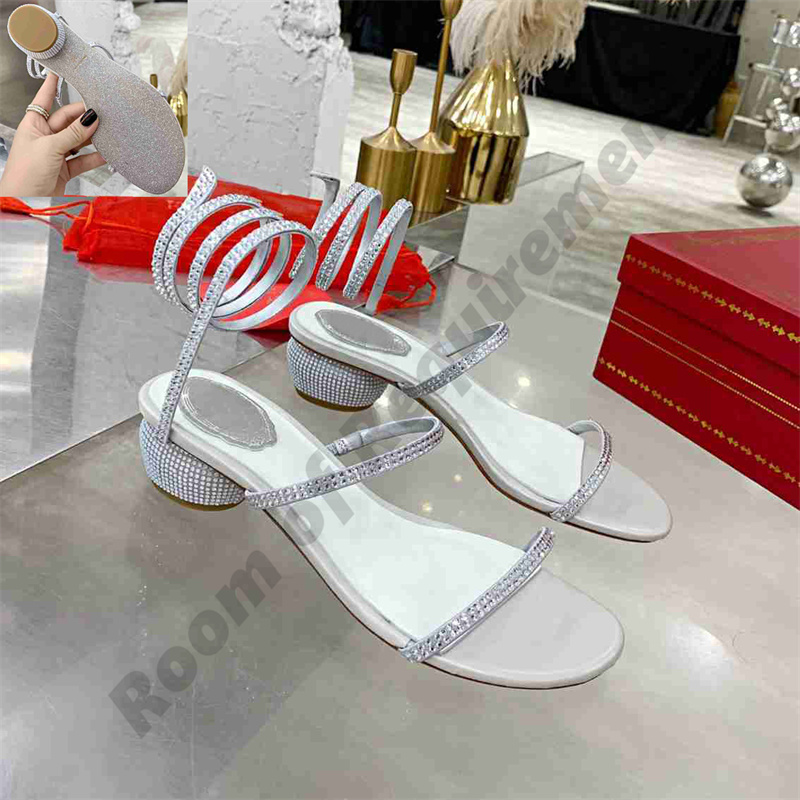 2022 Sandals Snake Twining Salto grossa elegante Sand￡lia 4cm 7cm Stiletto High Heel Rene Caovilla Crystal Gold Rhinestone Sapatos Soas de prata Bombas de ver￣o Mulheres bombas de ver￣o