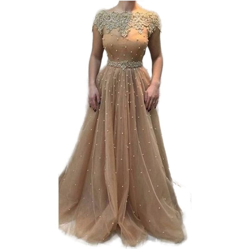 Pearls Beaded Floor Length Prom Dresses A-Line Backless Long Tulle Formal Evening Gowns With Belt Appliques Lace Elegant Party Special Occasion Wear