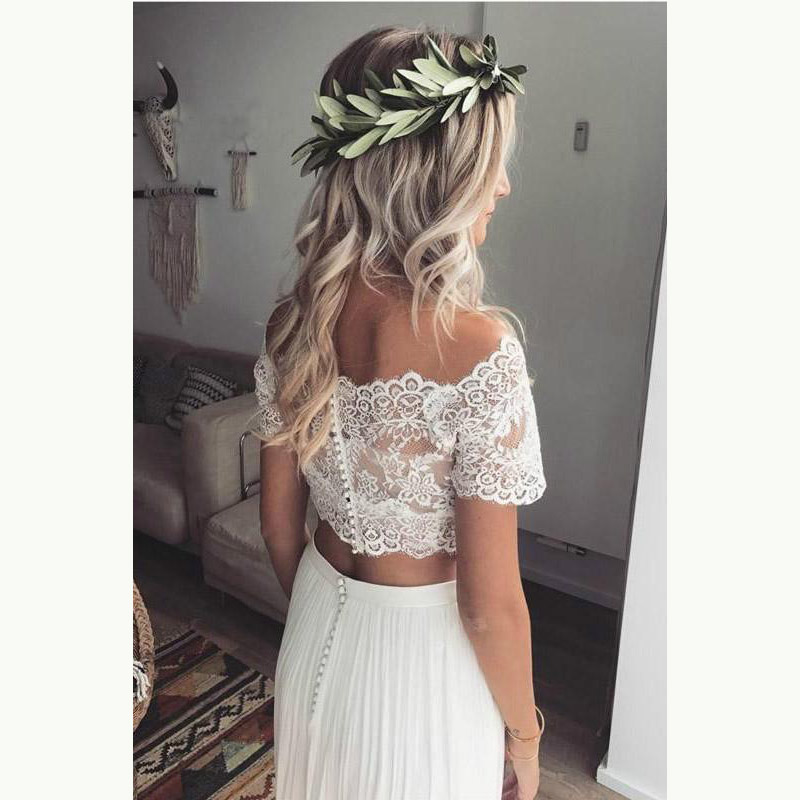 Affascinanti abiti da sposa Boho in due pezzi da sposa top in pizzo maniche corte scollo a barchetta abiti da sposa la sposa