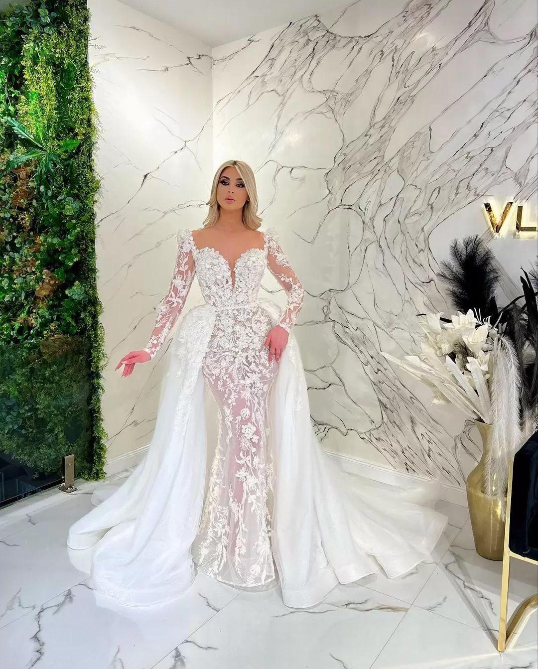 2023 Sexy Sirène Robes De Mariée Illusion Cou Manches Longues Perles Dentelle Appliques 3D Fleurs Florales Plus La Taille Personnalisé Pays Robes De Mariée Étage Longueur Overskirts