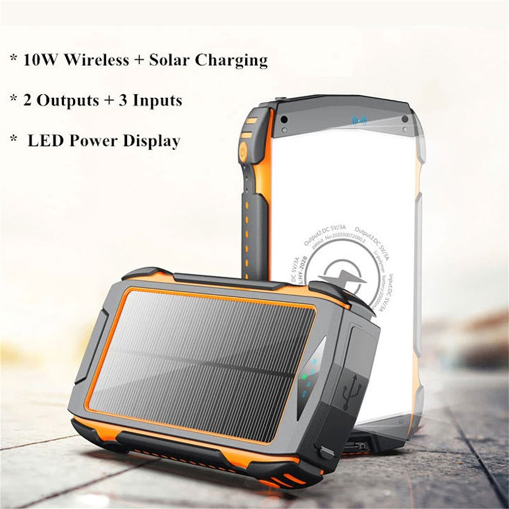 Solar Power Bank 20000MAHワイヤレスポータブル充電Poverbank外部バッテリー充電器Xiaomi iPhone用の強いライトLDEライト