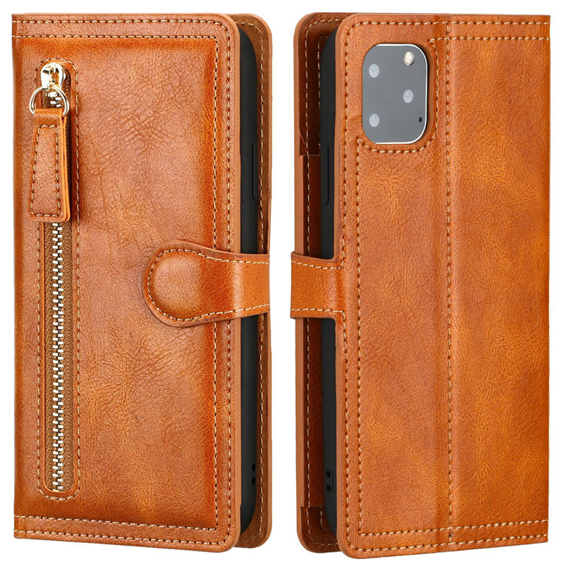 Luxury Leather dragkedja Flip Wallet -fodral för iPhone 14 13 12 11Pro Max XS XR 8 7 6S Plus Card Holder Stand Cover