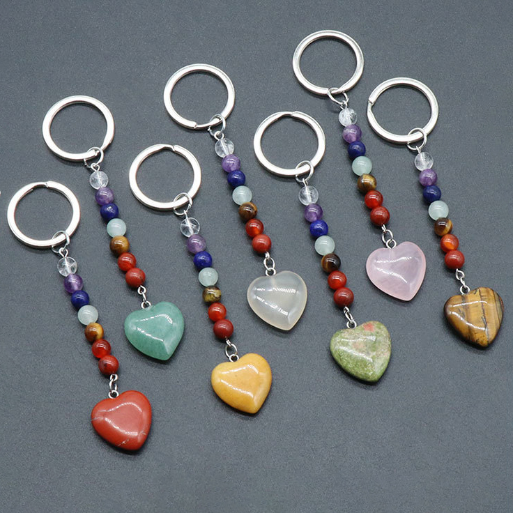 Love Heart Stone Key Anéis 7 cores Chakra Bads Correios Charms Keychains Cura de Chaves de Cristal para Mulheres