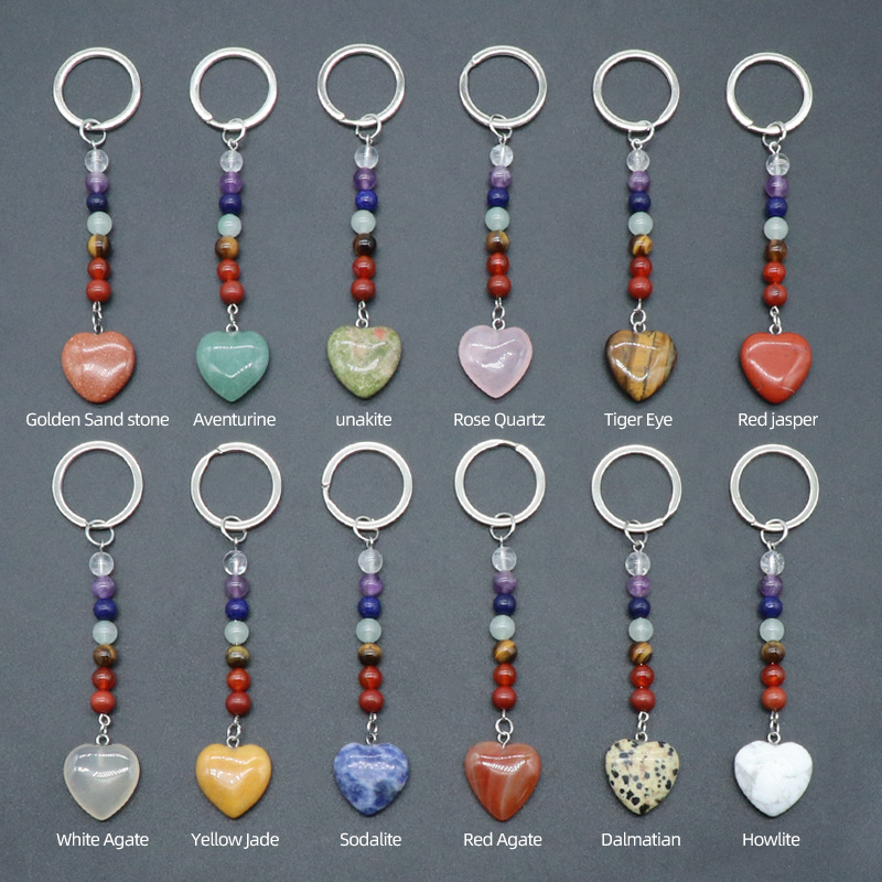 Love Heart Stone Key Rings Chakra Beads Chains Charms Healing Crystal Keyrings for Women Men4298396