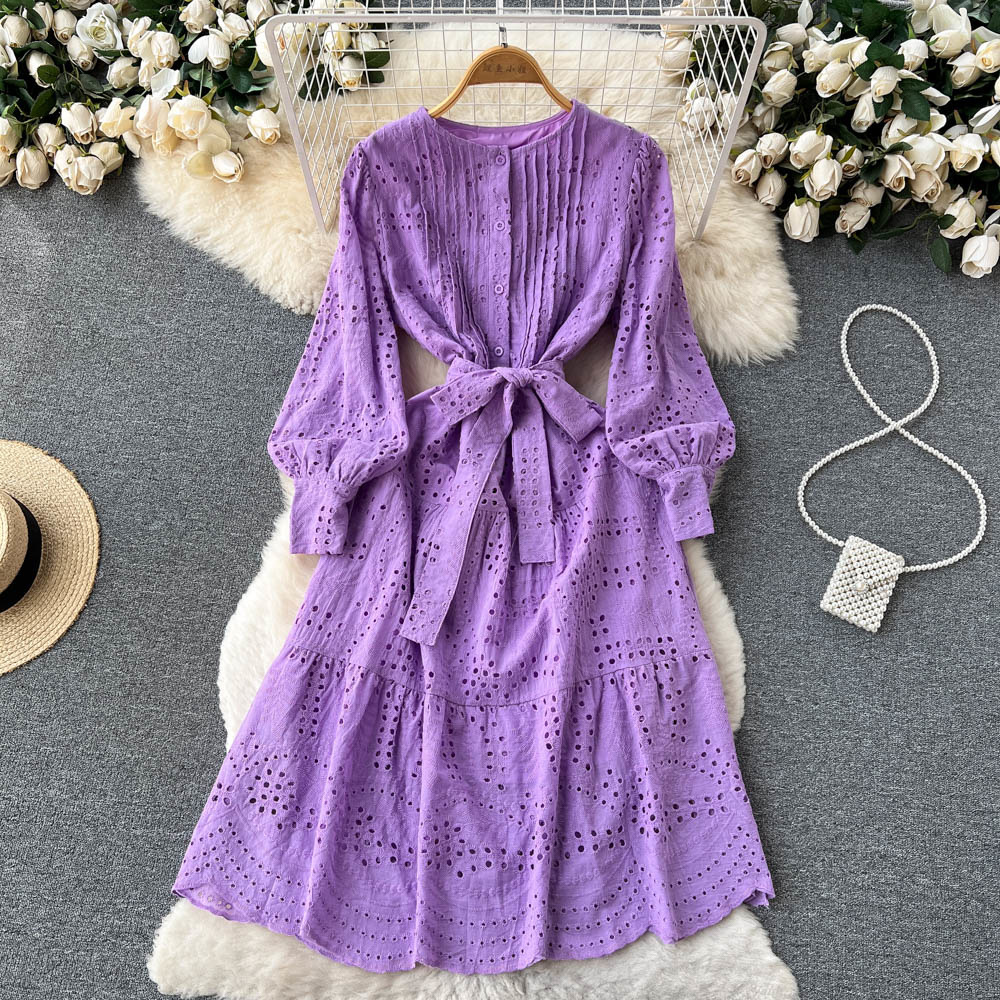 Women's Hollow Out Dress Purple Lace Up Slim Elegant Dress Vestido Temperament Sweet Korea Chic Summer 2023