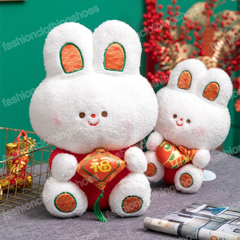 2023 Ano novo estilo chin￪s Rabbit branco brinquedo de brinquedo macio de coelho macio peixe boneca de pel￺cia Presente de natal