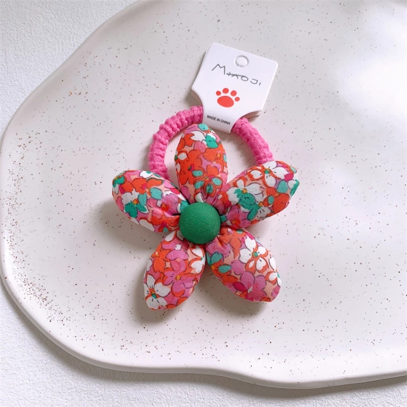 2022 New Korean Fashion Children's Hair Accessories Sweet Girl Simple Small Fresh Floral Fabric Cotton Filled Flowers Hair Rope