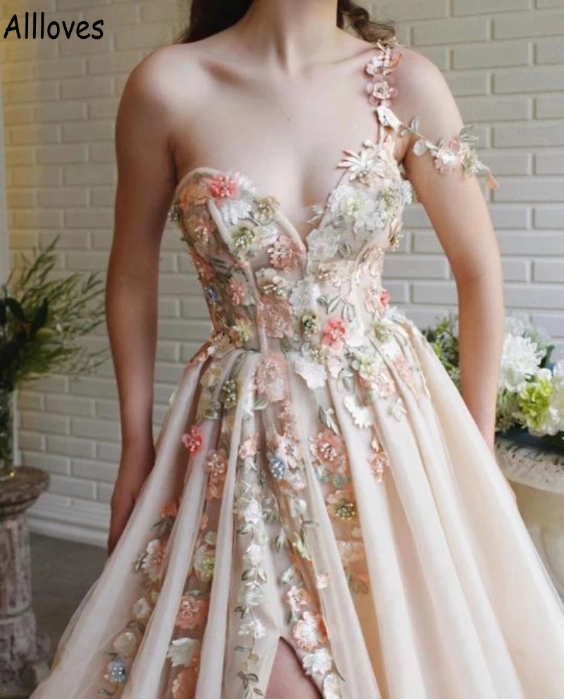 Champagne 3D Flowers prom jurken lange hoge gesplitste sweetheart nek vrouwen formele feestavond één schouder een lijn tule avondjurken tweede receptie jurk cl1326