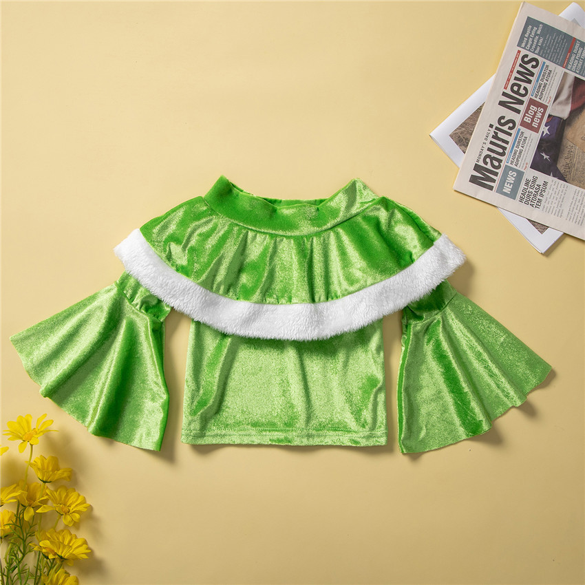 Barnkläder Set Girls Christmas Outfits Green Ruffle Tops Fleared Pants Party Velvet Set 2023 Nyårsdräkt för barn