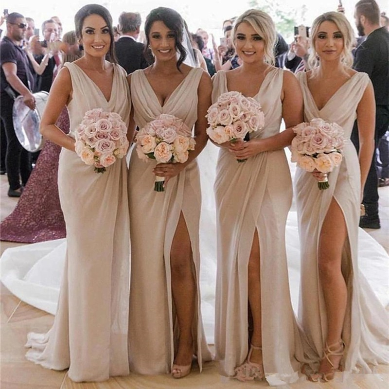 In magazzino Abiti da damigella d'onore lunghi con scollo a V Sexy spacco laterale in chiffon Abiti da festa formale Vestido da dama de honra Consegna veloce Personalizzato BM0203