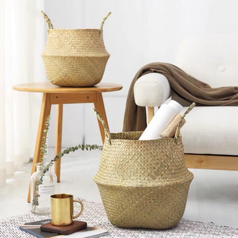 Storage Baskets Handmade Bamboo Foldable Laundry Straw Patchwork Wicker Rattan Seagrass Belly Garden Flower Pot Planter Basket 221028