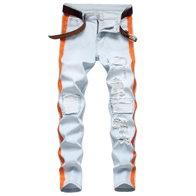 Lichte kleur Fashion Nieuwe Biker Jeans Men's Paint Hole Patch Pants Lente zomer Gepersonaliseerde slanke fit denim broek Maat 29-42 pantalones