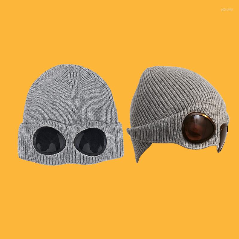 Beanies 2022 Winter Glasses Hat CP Ribbed Knit Lens Beanie Street Hip Hop Knitted Thick Fleece Warm For Women Men261W