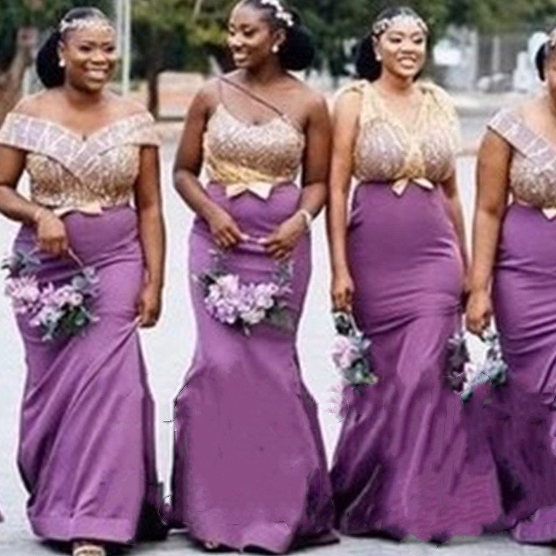 Lila Lavendel Meerjungfrau Langes Brautjungfernkleid Perlenspitze Fleck Afrikanisches Aso Ebi Plus Size Trauzeugin Hochzeitsgast Juniorkleid