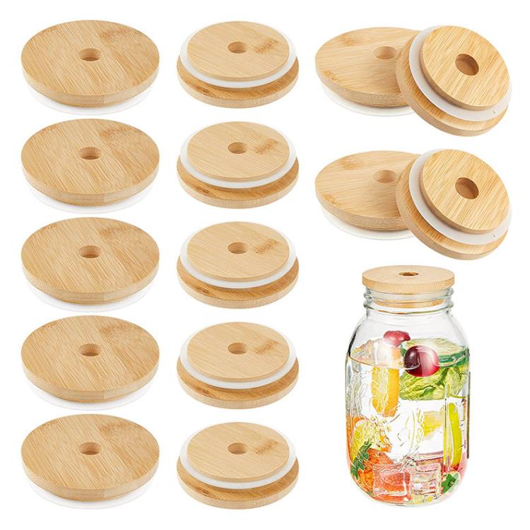 Bamboo Glass Cup Lids 70mm 88mm Reusable Wooden with Straw Hole and Silicone Seal DHL SN28