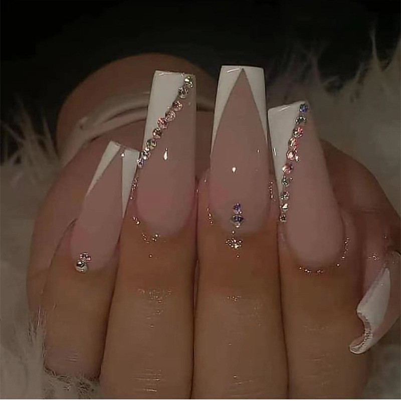 Long Coffin Nails DIY Full Cover Press On Nail Tips Wearable Finished Wavy Line Detachable French Fake Nails With Design