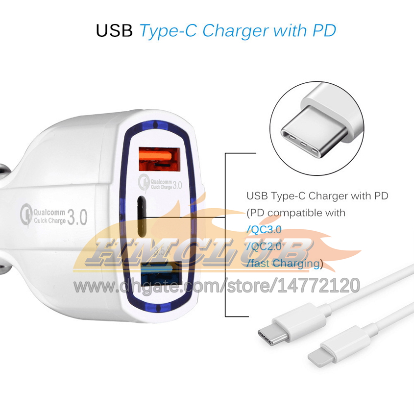 متعدد الوظائف شاحن السيارات الذكي من النوع C سريع الشحن متعدد USB QC3.0 جديد شحن PD بيضاء المحمولة ثلاث منافذ شحن إلكترونيات السيارات شحن مجاني