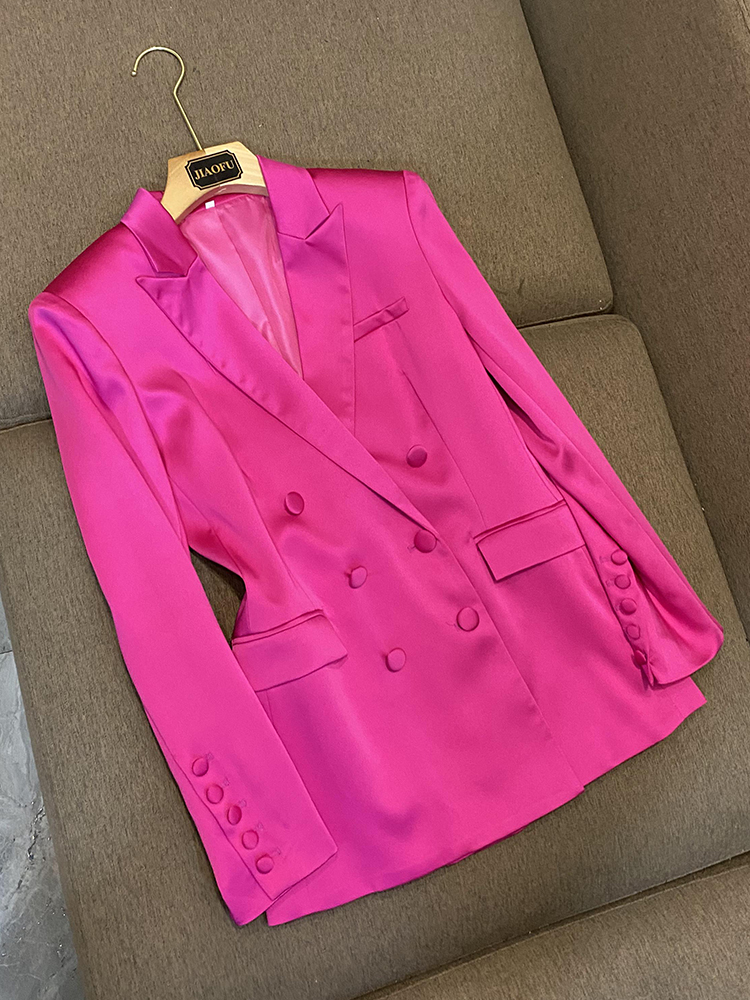 2022 Höst Hot Pink Enfärgad Tvådelad Klänning Set Långärmad Skårad-Lapel Enkelknäppta Blazers Top Camisole Kort Kjol Kostym Set O2O312333