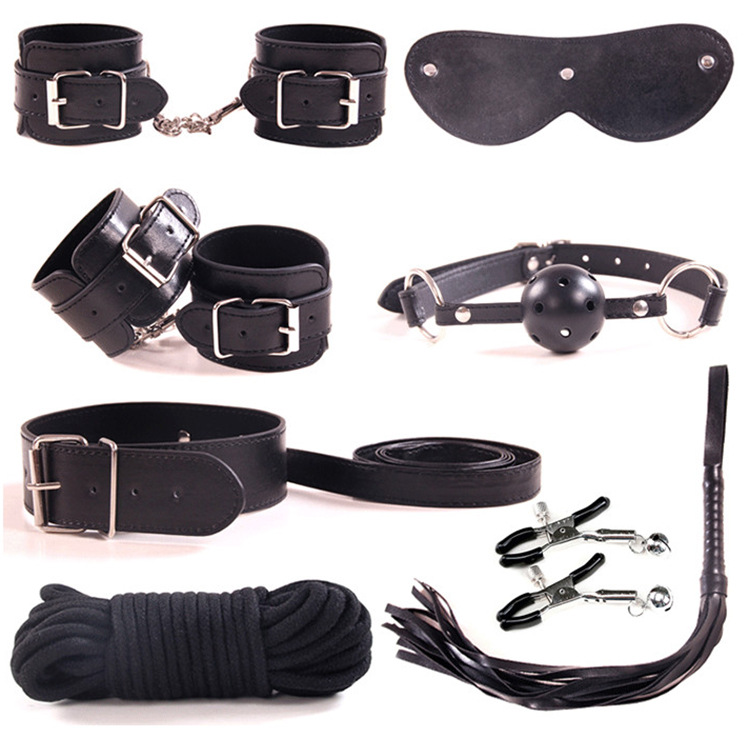 8 pièces ensemble de retenue de bondage, menottes bandées, collier en cuir, fouet, boule, corde, pinces à tétons, jouets sexuels pour femme adulte SM Fetish9806301