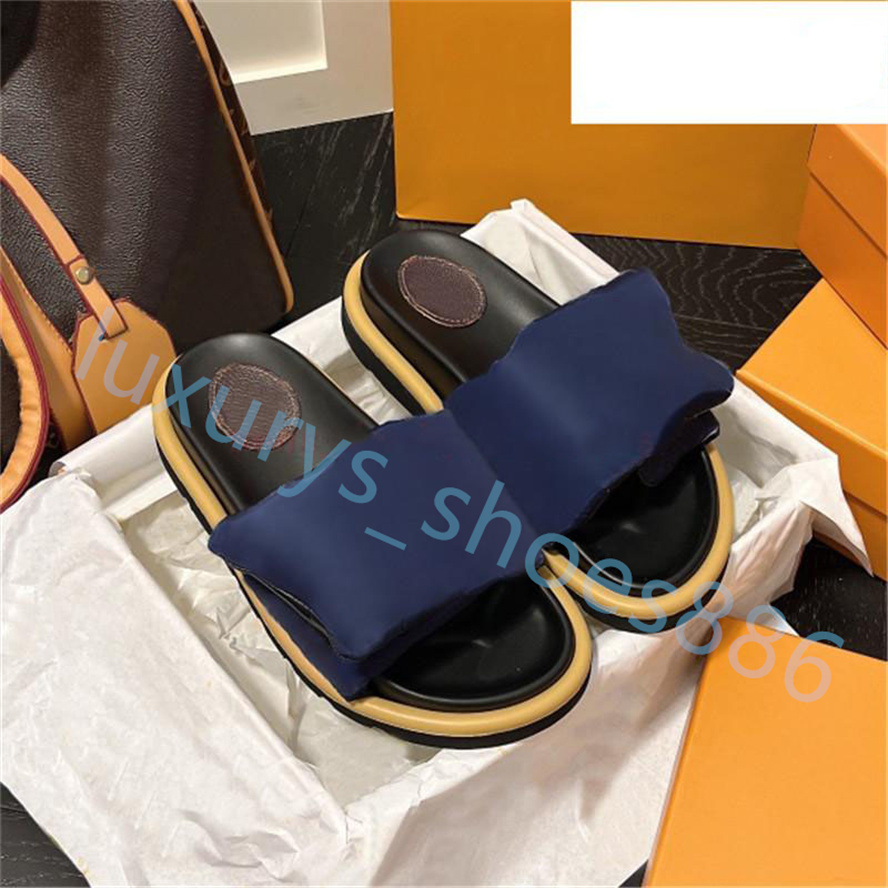 Comfortabel Reliëf Muiltjes Designer Slippers Heren Sandalen Dames Schoenen Strand Glijbanen Luxe Zwembad Kussen Koper Beige Diepblauw Triple Black Navy Rose Roze Wit Bedrukt