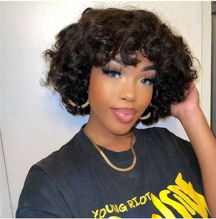 Funmi Human Hair Wig With Bangs Full Machine Made Deep Wave Short Rose Curly For Black Women Water Virgin Brasilian Pixiecut Wig 150%Densitet