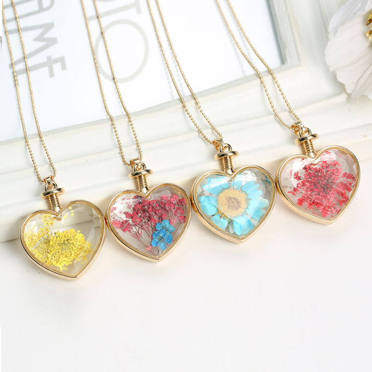 Verre amour coeur collier pour femmes couleur or fleur séchée pendentif chaîne mode bijoux fête cadeau