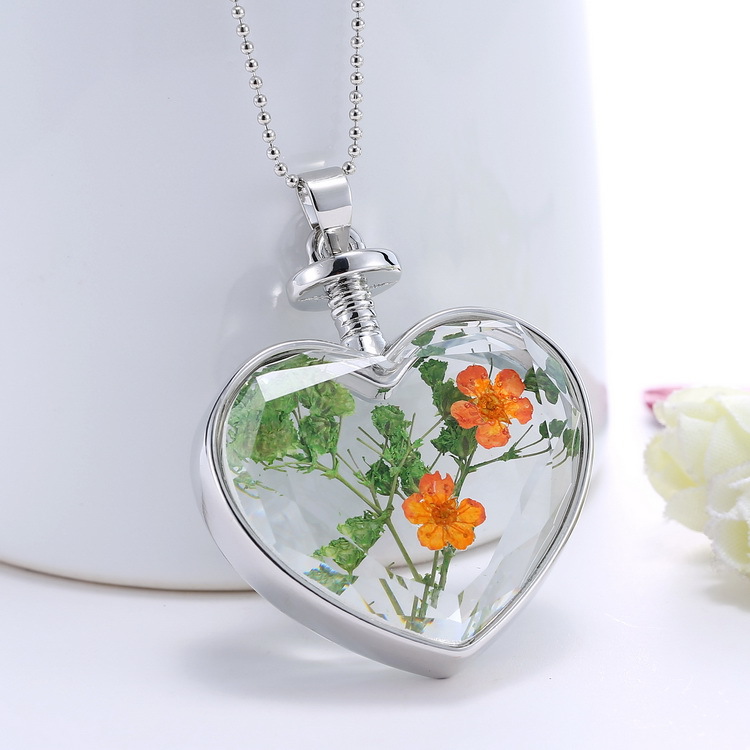 Verre amour coeur collier pour femmes couleur or fleur séchée pendentif chaîne mode bijoux fête cadeau