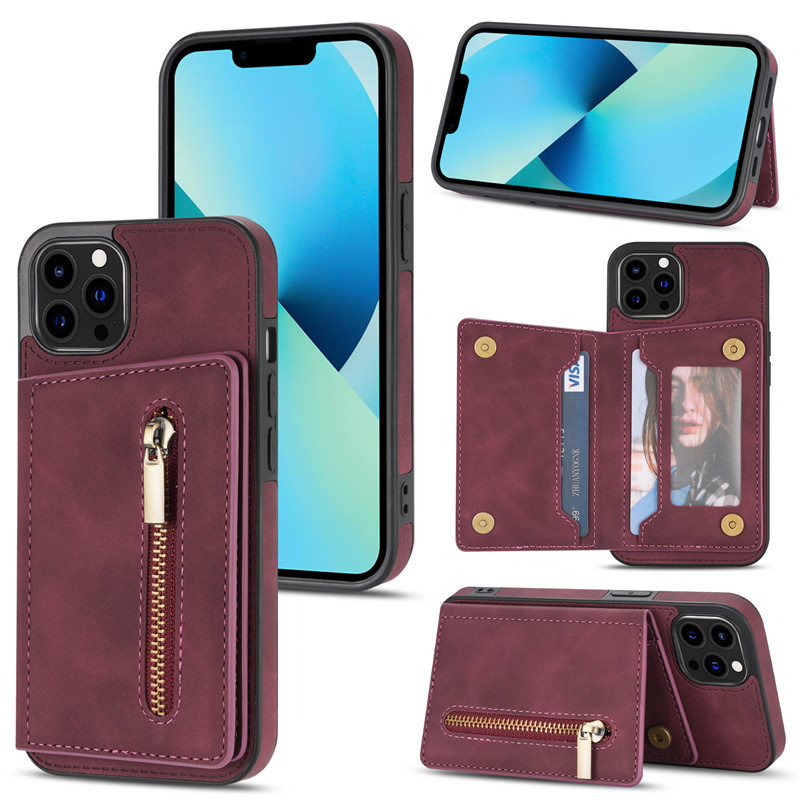 Casos de carteira de couro com cartão de crédito com zíper para iPhone 14 13 12 11 Pro Max XS XR 8 Plus Samsung S20 S21 S21FE S22PLUS S22 Ultra Note 20 Kickstand Holder T à tampa traseira da tampa traseira