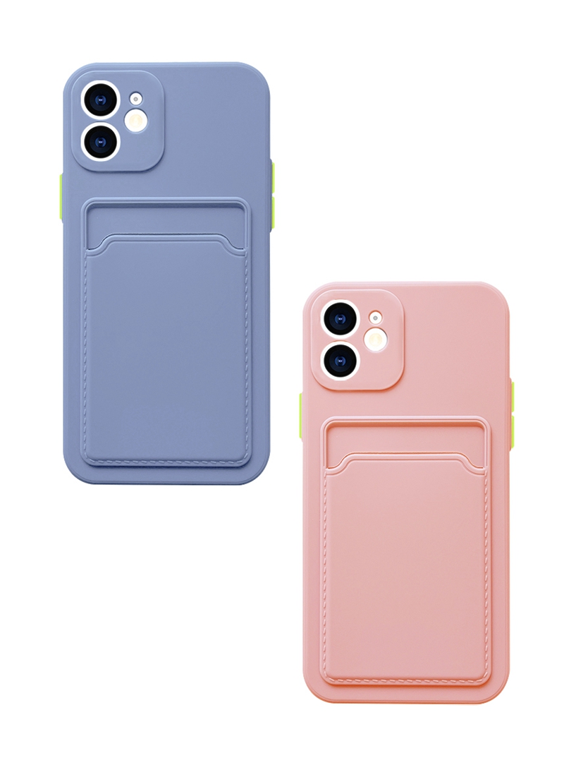 カードポケットソフトTPU液体シリコンケースiPhone 15 14 Pro Max 13 12 11 X XS XR 8プラスクレジットIDカードスロットボックス携帯電話バックカバーピンクグレーの紫色の肌