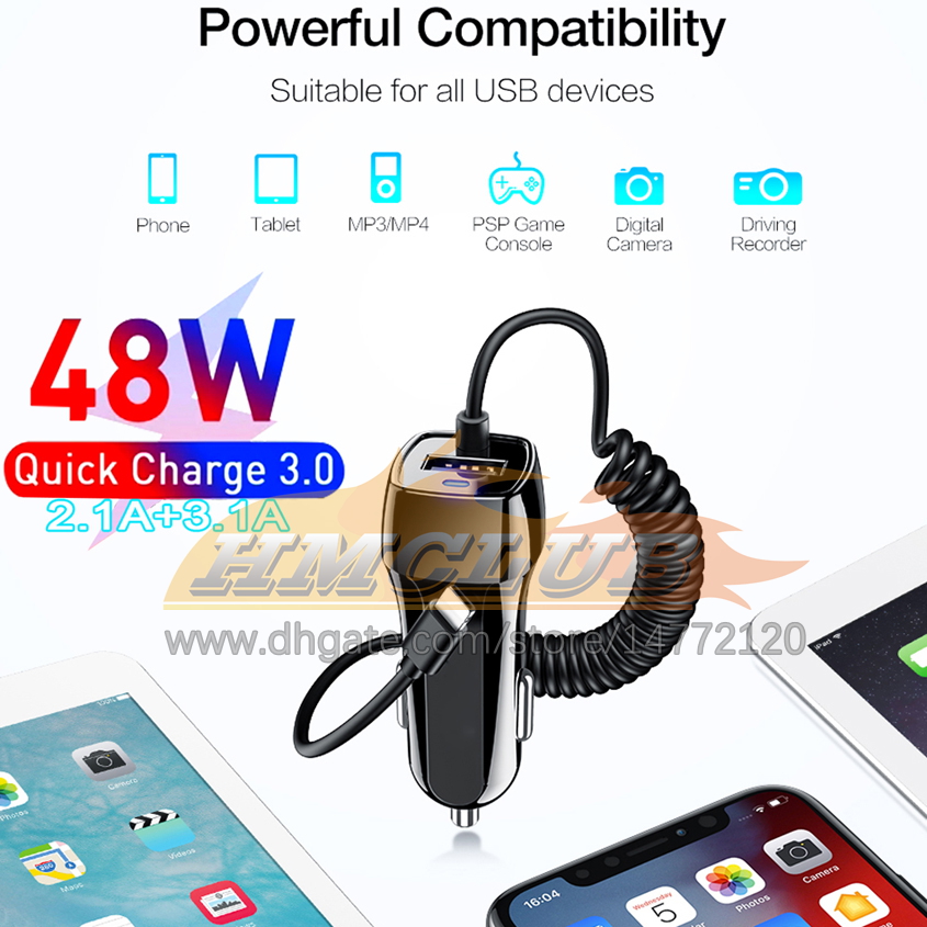 CC193 USB Car Phone Charger لـ Samsung S10 S9 Plus شاحن السيارات Micro Type C Cable Charge Quarge for Xiaomi Huawei Sony