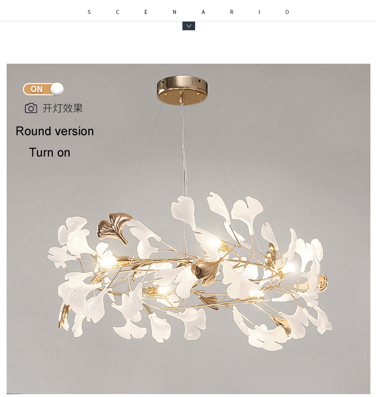 Lampade a sospensione foglia di ginkgo Lampade a sospensione moderne Apparecchio Foglie romantiche europee Droplight Decorazione della casa Sala da pranzo Soggiorno Lampada rotonda lunga da appendere Lunghezza 120 cm