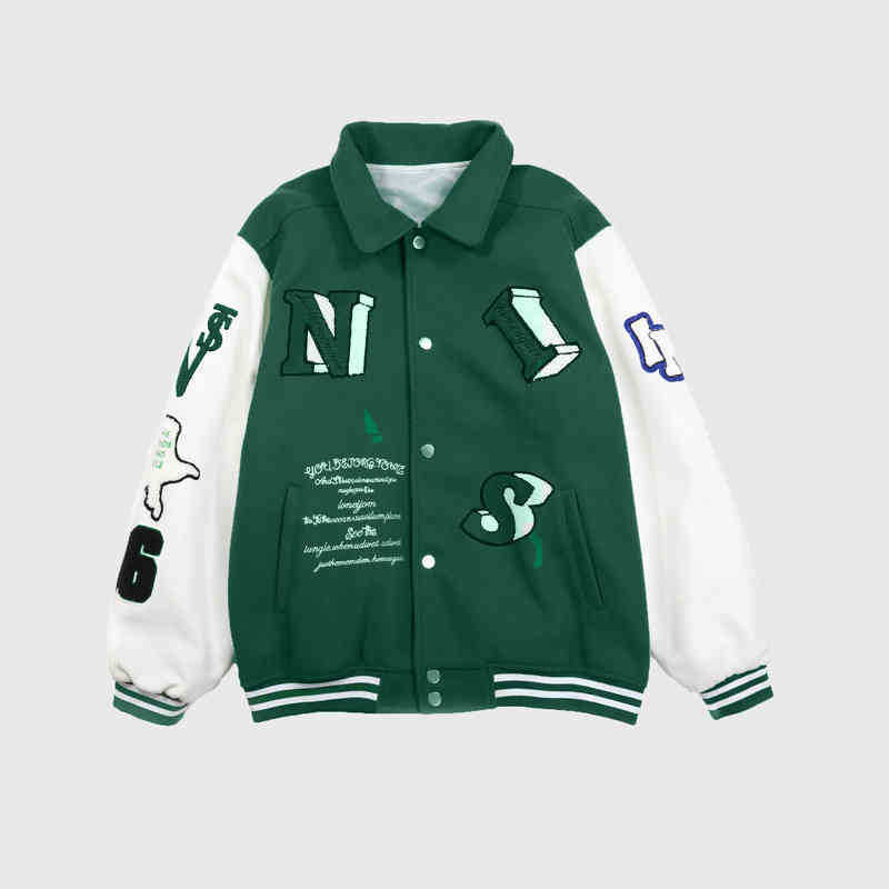 Hoodie2021 Autumns Ins Fashionmerk Green Letter Skull Flocking Baseball Jacket American Jacket Rapel Men's and Women's