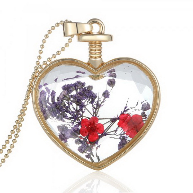 Verre amour coeur collier pour femmes couleur or fleur séchée pendentif chaîne mode bijoux fête cadeau