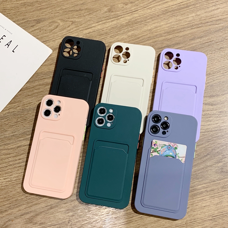 Capas de silicone líquido de bolso de cartão para iphone 15 14 pro max 13 12 11 x xs xr 8 plus macio tpu cartão de crédito caixa de slot de cartão móvel capa traseira rosa preto verde pele branca