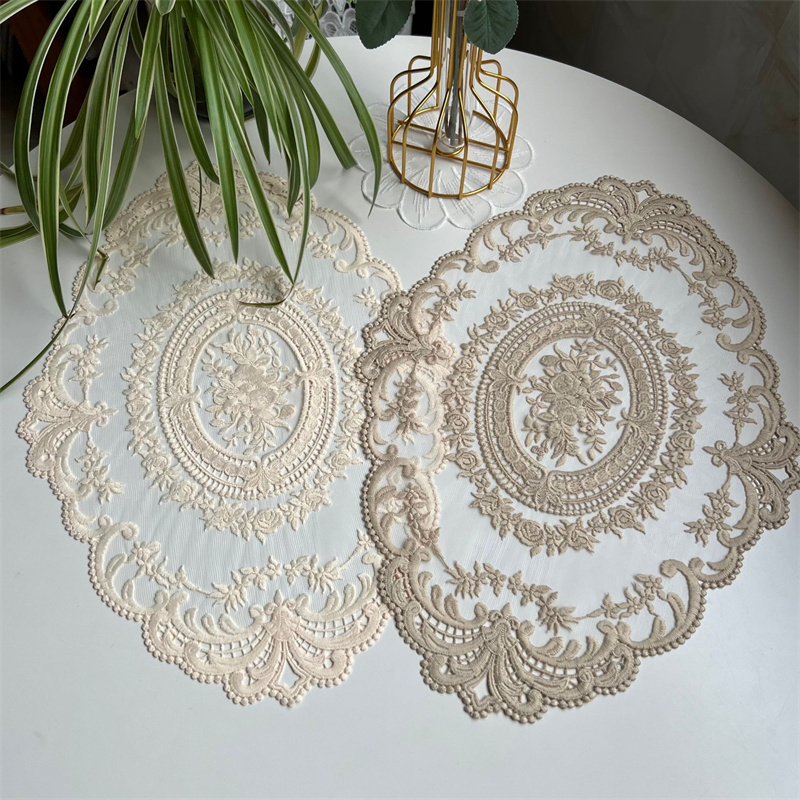 Retro French Style Cup Mats Multifunctional Doilies Handmade Embroidered Oval Lace Placemats for Tea Cups