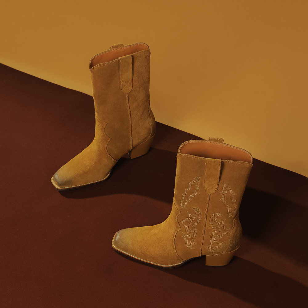 Botas cousues Cowgirl bottes courtes femme sans lacet broderie talon épais chaussures de rue vache daim femmes bottes occidentales