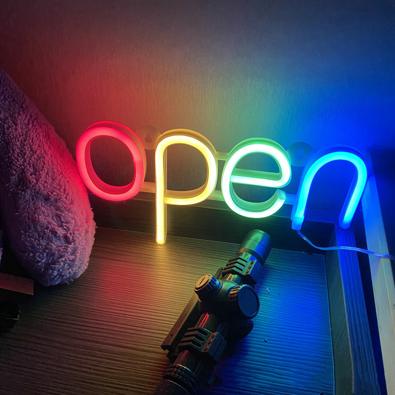 Luce al neon a LED Segno aperto Lampeggiante USB Negozio Orario di lavoro Cambia colori Pubblicità Lampada luminosa nella porta del negozio
