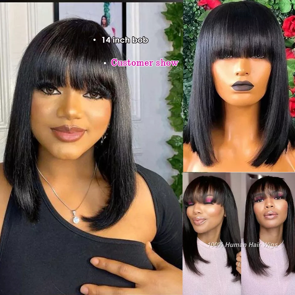 Cabelo liso curto Bob perucas Brasileiro Human Hair Wig com franja Remy Full Machine feita para mulheres sem renda sem glúteis Acessível preço baixo 150%densidade