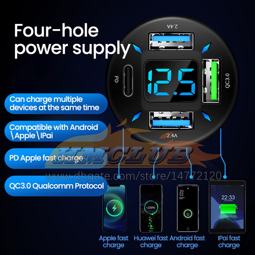 66W Car Charger Digital Phone Зарядка для iPhone 12 13 Pro Max Xiaomi Huawei быстрого заряда тип C