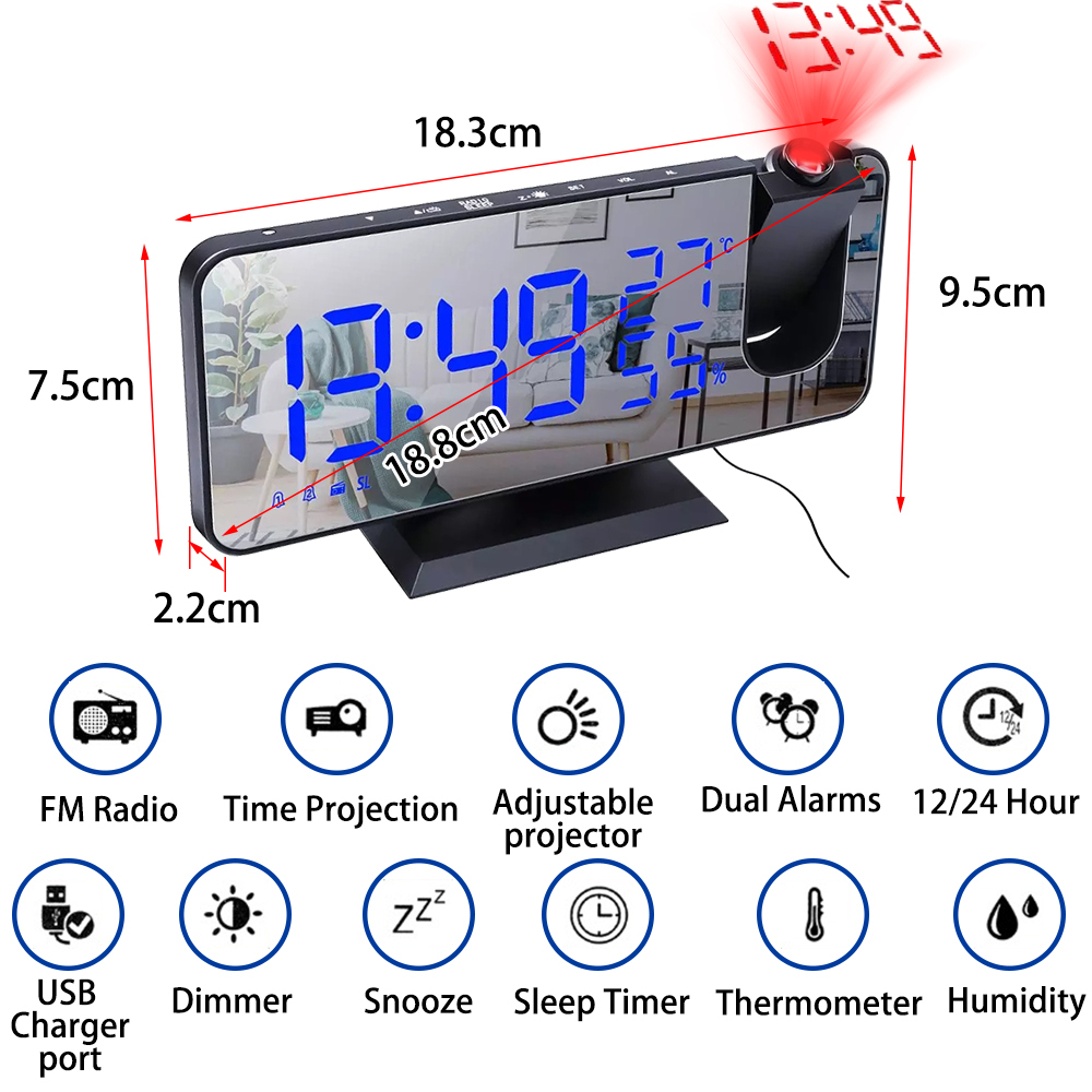 Skrivbordklockor LED Digital Projection Alarm Electronic With FM Radio Time Projector Bedroom Bedside Mute 221031