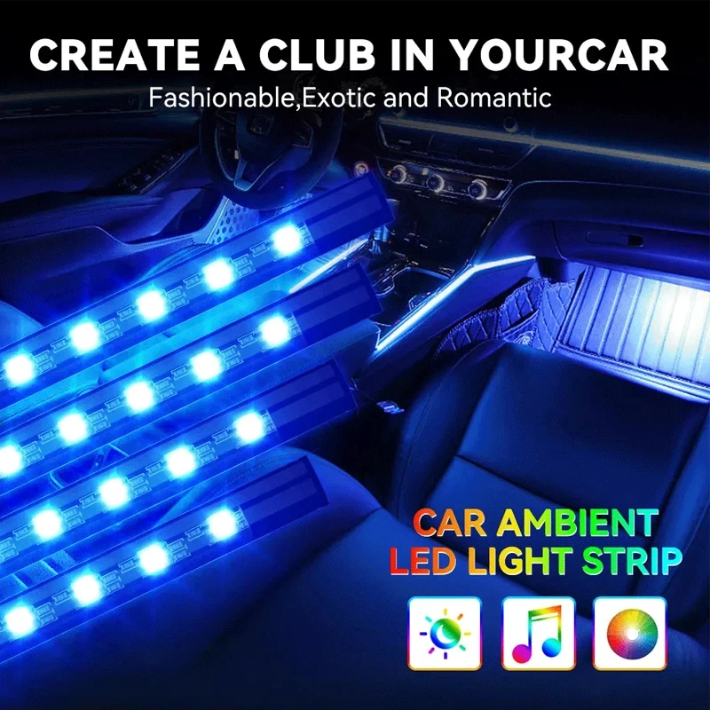 LED Car Interior Ambient Foot lamp With USB Wireless Remote Control Auto Decorative Atmosphere Neon Lamp 48 LEDS bar car Accessories