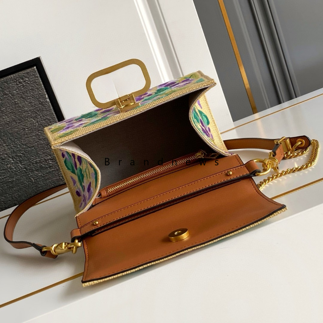 Flower Embroidery Shoulder Bag Raffia And Real Leather Totes Chain Belt Women Natual Straw Beach Bag Woven Handbag Summer Vacation Handmade Purses And Handbags 3259