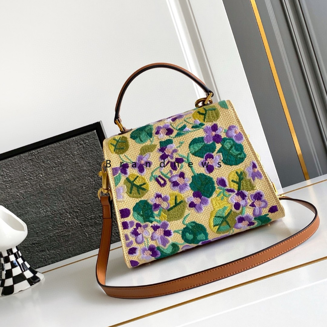 Flower Embroidery Shoulder Bag Raffia And Real Leather Totes Chain Belt Women Natual Straw Beach Bag Woven Handbag Summer Vacation Handmade Purses And Handbags 3259