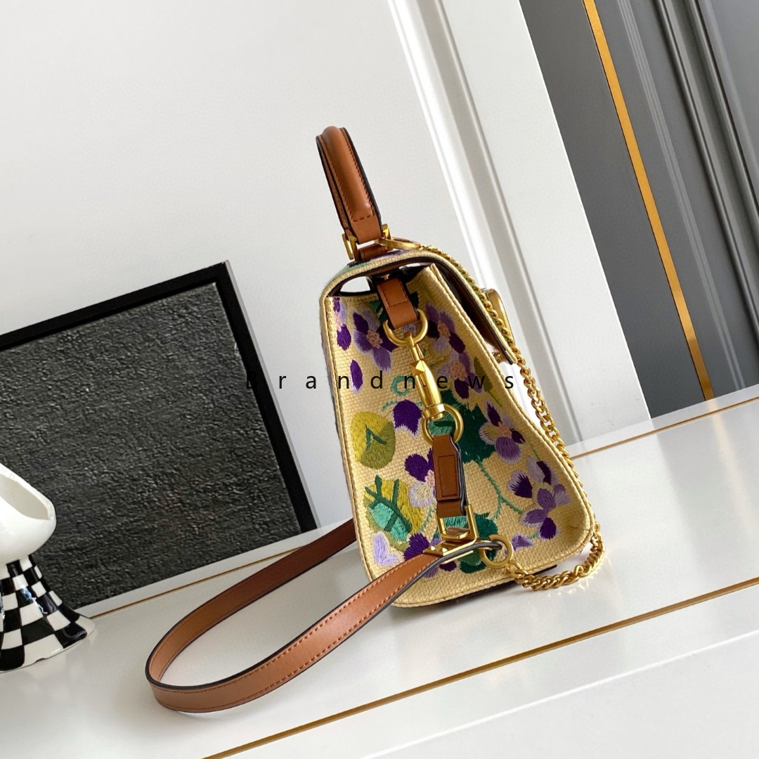 Flower Embroidery Shoulder Bag Raffia And Real Leather Totes Chain Belt Women Natual Straw Beach Bag Woven Handbag Summer Vacation Handmade Purses And Handbags 3259