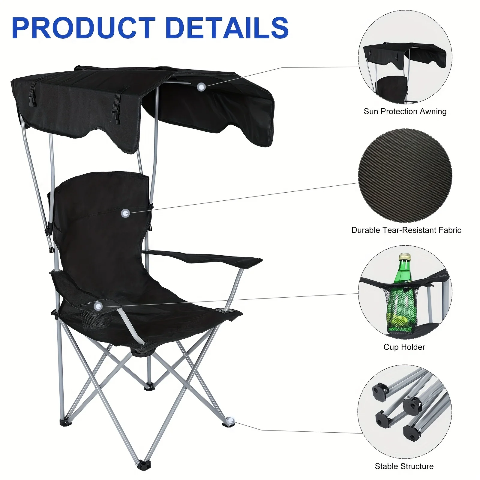 Canopy Lounge Chair with Sunshade for Camping, Hiking, Travel, and Other Outdoor Events, with Holder, 1-Pack