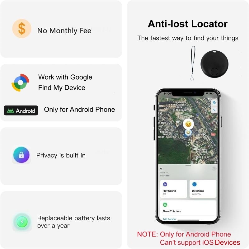 Smart GPS Tracker, solo para el teléfono Android Google Find My Device, sin tarifa mensual, localizador preciso en tiempo real, para automóviles/mascotas/niños/ancianos/valores de posicionamiento