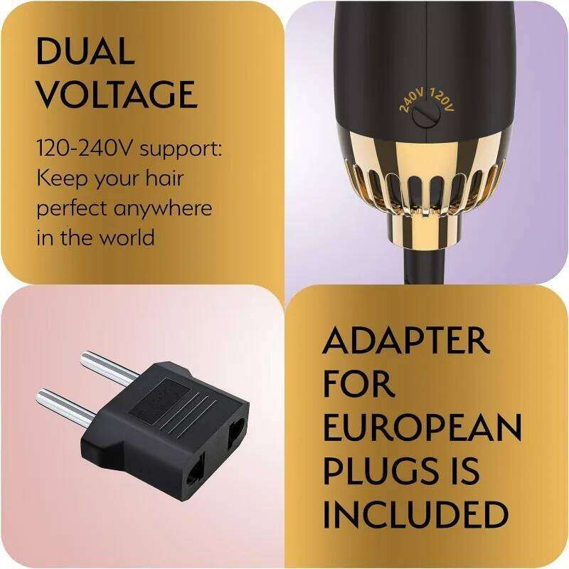 Professional Dual Voltage Blowout Hair Brush For European Travel 110V-120V/220V-240V, Black Gold Dryer And Volumizer