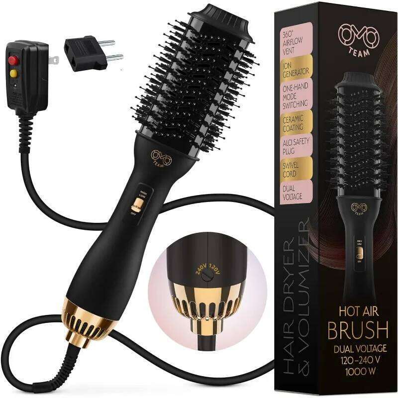 Professional Dual Voltage Blowout Hair Brush For European Travel 110V-120V/220V-240V, Black Gold Dryer And Volumizer