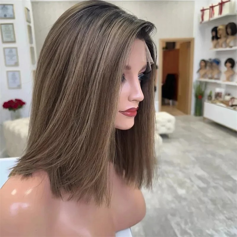 Brown Highlight Bob Human Hair Wig Short Straight Lace Front detail view 3