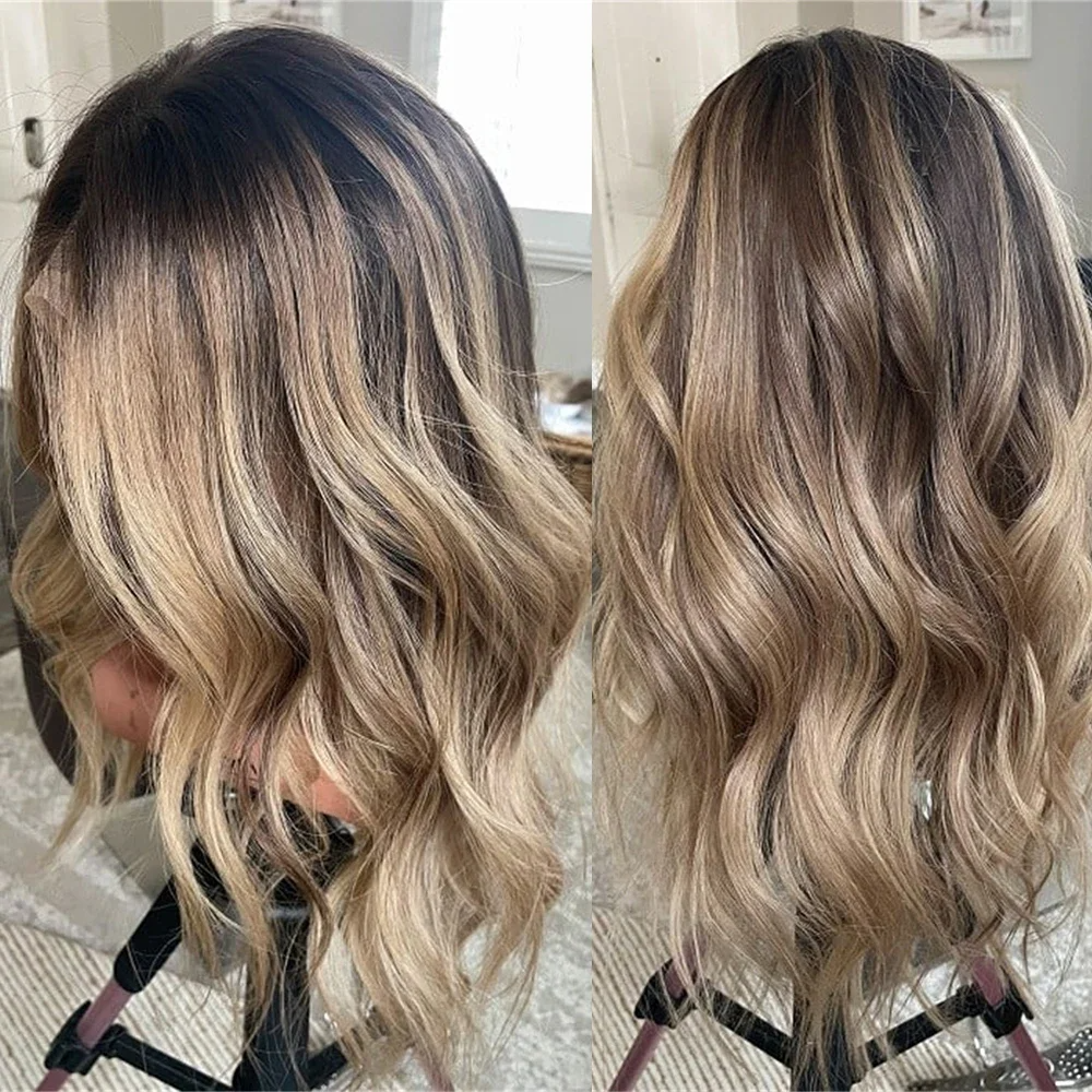 Ombre Highlight Brown Blonde Loose Wave Human Hair Wig Dark detail view 2